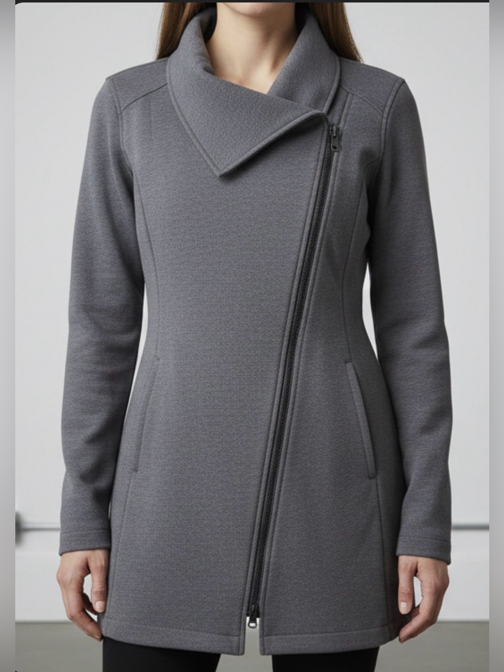 Athleta Charcoal Asymmetrical Zip Trench Style Sweater Coat